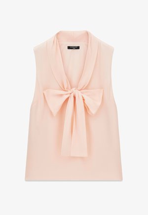 Blusa senza maniche rosa pallido con fiocco frontale e una piccola etichetta nera sul colletto con la scritta "Marciano Guess."