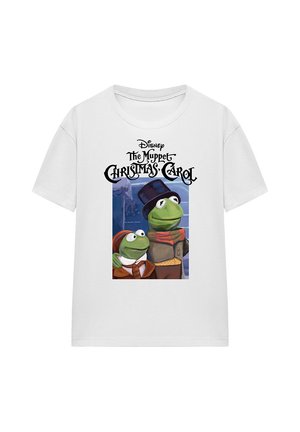 White t-shirt with "Disney The Muppet Christmas Carol" text and illustration of two green muppet characters in Victorian attire.