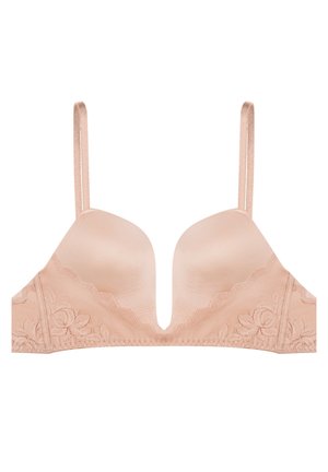 Light pink bra with smooth, padded cups, scalloped edges, and floral lace detailing on the sides. Adjustable straps and hook closure.