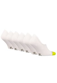 White ankle socks with a ribbed texture and a yellow accent at the toe, featuring a brand logo on the side; set of five pairs.