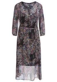 Robe midi noire transparente à imprimé floral multicolore, col en V, manches trois quarts, détails à boutons et ceinture nouée à la taille.