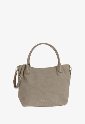 Borsa a mano in pelle sintetica beige con doppio manico e tracolla rimovibile; texture liscia; presenta un logo dorato sul davanti.