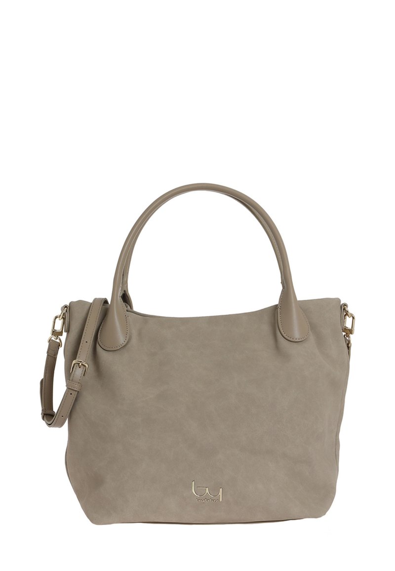 Borsa a mano in pelle sintetica beige con doppio manico e tracolla rimovibile; texture liscia; presenta un logo dorato sul davanti.
