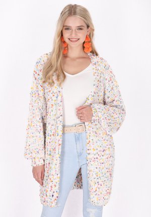 Cardigan lavorato a maglia multicolore con una vestibilità ampia, caratterizzato da una combinazione di tonalità pastello su base bianca, con apertura frontale e maniche lunghe.