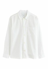 White long-sleeve button-up shirt made of lightweight fabric. Features a pointed collar and a left chest pocket. Soft texture and minimal design.