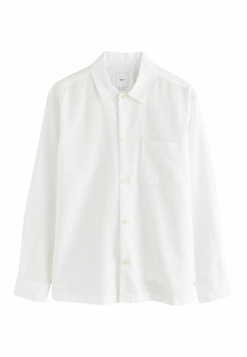White long-sleeve button-up shirt made of lightweight fabric. Features a pointed collar and a left chest pocket. Soft texture and minimal design.