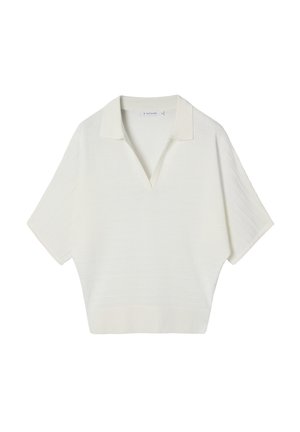 Top de punto blanco de manga corta con un ajuste holgado, cuello en V y cuello, hecho de tela texturizada.