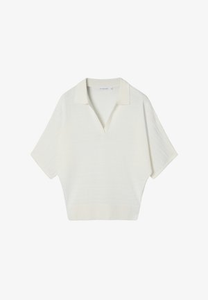 Top de punto blanco de manga corta con un ajuste holgado, cuello en V y cuello, hecho de tela texturizada.