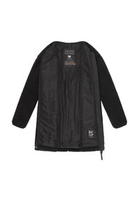 Melnā vilnas jaka ar mīkstu tekstūru un gludu iekšējo oderi, ar rāvējslēdzēju un etiķetēm ar auduma kopšanas norādījumiem.