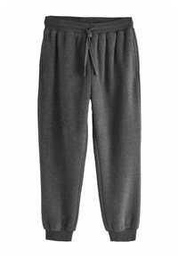 Grå fleece sweatpants med elastisk talje og justerbar snor. Mansjetter er også elastiske; har sidelommer.