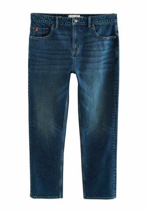 Donkerblauwe denim jeans met een rechte pasvorm, voorzien van vijf zakken, oranje stiksels en een klein merketiket op de voorzak.