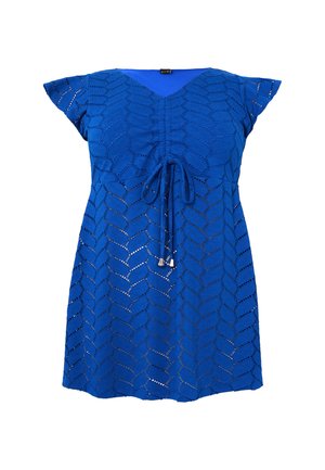 Blue short-sleeve dress with a V-neck and a drawstring waist. Features a textured pattern with diamond shapes and open weave details.