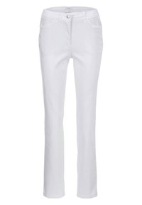 Witte katoenen jeans met een recht gesneden ontwerp, vijf zakken, sluiting met knoop aan de voorkant en subtiele textuur.