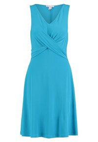 A sleeveless turquoise dress features a crossover bodice design and a flared skirt made from a smooth, lightweight fabric.