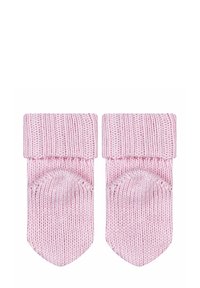 Pink knitted socks with a folded cuff, featuring a textured pattern and a pointed toe design. Soft and lightweight fabric.