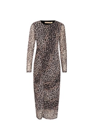 Leopardenmuster-Kleid aus durchsichtigem Material, mit langen Ärmeln, rundem Halsausschnitt und figurbetonter Silhouette mit gerafften Details.