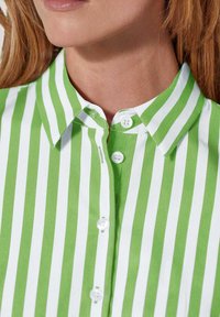 Grün-weiß gestreiftes Hemd mit Kragen, ausgestattet mit einer Knopfleiste und einer glatten, gewebten Textur. Verziert mit klaren Kunststoffknöpfen.
