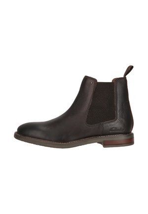 Botte Chelsea en cuir brun avec des panneaux latéraux élastiques, bout arrondi, tirant au talon et détails cousus sur la semelle. Logo de la marque sur le côté.