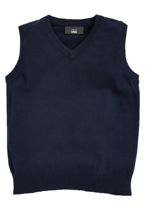 Marineblå ærmeløs sweater med V-hals. Fremstillet af strikket stof med ribstrikkede kanter ved ærmegab og kant. Glat tekstur, uden mønster.