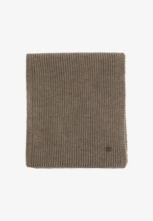 Austā adīti brūns bezgalīgs šalles ar ribotu tekstūru. Iekļauj mazu, apaļu logotipa akcentu apakšējā stūrī. Standarta taisnstūra forma.