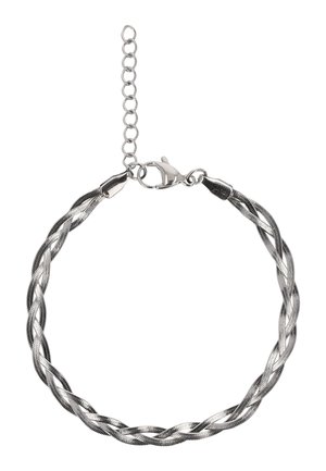 Srebrna bransoletka z poskręcanym łańcuszkiem, zapinana na karabińczyk z regulowanym przedłużaczem, na jednolitym białym tle.