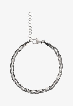 Zilveren gedraaide kettingarmband met karabijnsluiting en verstelbare verlengketting op een effen witte achtergrond.