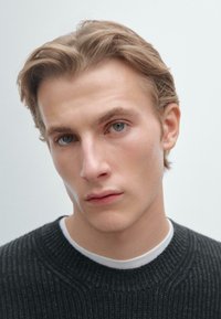 Giovane adulto maschio con capelli castano chiaro e disordinati e occhi azzurri. Indossa un maglione scuro a coste sopra una camicia bianca. Sfondo neutro.