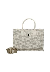 Beige tote bag met een herhalend patroon van letters, witte accenten, twee stevige hengsels en een afneembare schouderband voor veelzijdigheid.