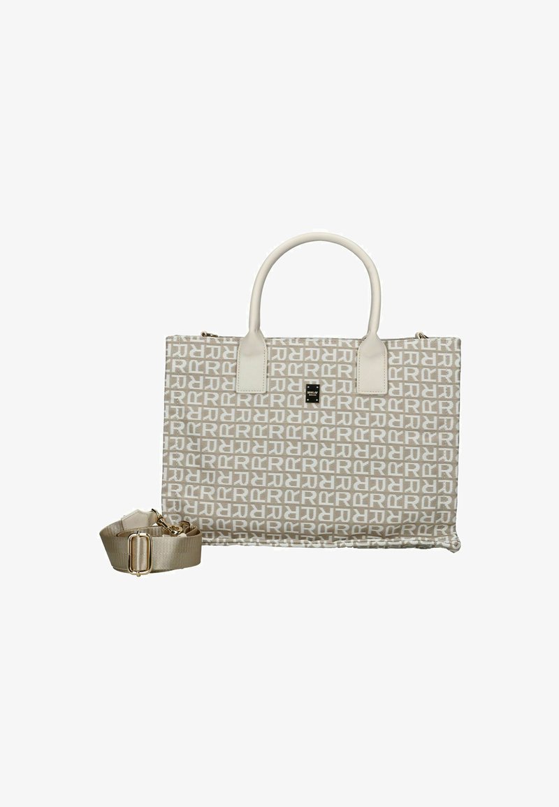 Beige tote bag met een herhalend patroon van letters, witte accenten, twee stevige hengsels en een afneembare schouderband voor veelzijdigheid.