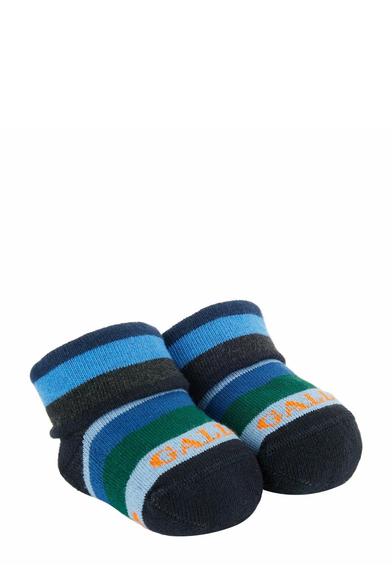 Calzini a strisce per bambini in blu, verde e blu navy, con un logo arancione. Realizzati in morbido cotone, presentano un design con risvolto. 