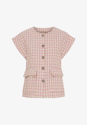 Lyserød kortærmet jakke lavet af vævet stof med et struktureret mønster, der har seks frontknapper og to frontlommer.