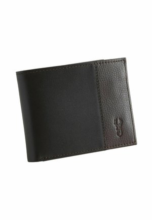 Fekete bőr kétszer hajtott pénztárca sima és texturált panelekkel, a texturált oldalon egy kis dombornyomott szarvasfej logóval.