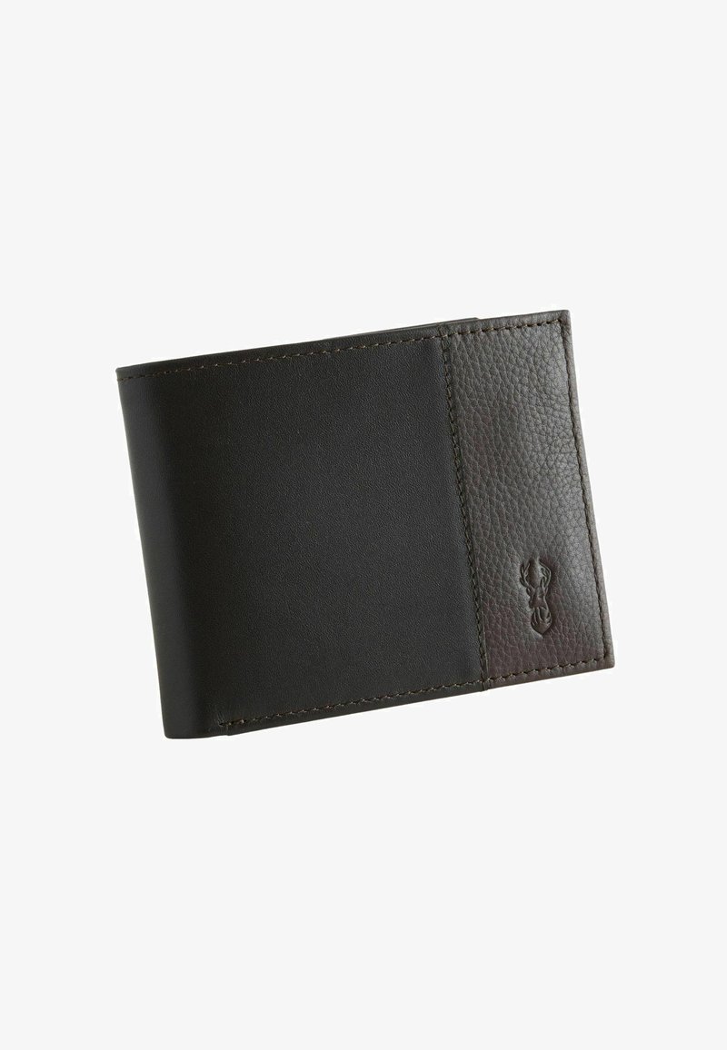 Portefeuille bifold en cuir noir avec panneaux lisses et texturés, présentant un petit logo en relief de tête de cerf sur le côté texturé.