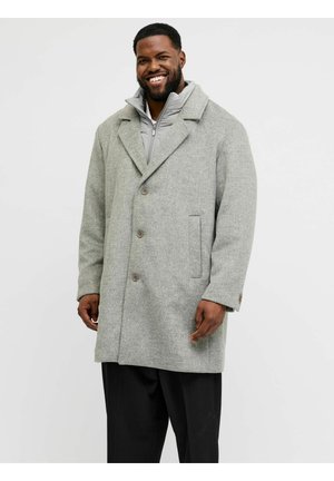 Lächelnder Mann, der einen grauen, geknöpften Mantel über einer hellgrauen Reißverschlussjacke mit schwarzer Hose vor einem schlichten Hintergrund trägt.