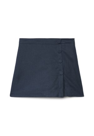 Minigonna blu navy con davanti ad incrocio, fissata con quattro bottoni rivestiti in tessuto dello stesso colore sul lato destro.