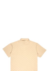 Μπεζ κοντομάνικο πόλο με υφασμένο καρό μοτίβο, που διαθέτει γιακά και ίσια γραμμή στη βάση.