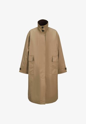 Bežový trenčkot po kolená vyrobený z hladkého, ľahkého materiálu. Má vysoký golier, dve predné vrecká a gombíkové detaily na rukávoch.