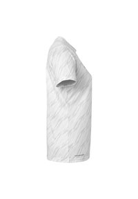 Hvid kortærmet skjorte med et subtilt diagonalt mønster, lavet af letvægtsstof med en glat tekstur, mærket med "smartbreathLite."