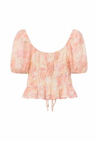 Blouse à manches bouffantes fleuries rose clair et pêche avec taille smockée élastiquée et cordon à l'ourlet.