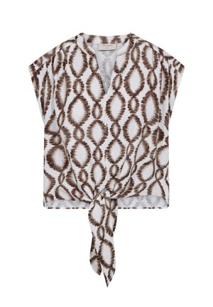 Mouwloze witte blouse met bruin diamanten tie-dye patroon en voorknoopdetail aan de zoom.