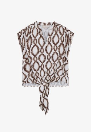 Mouwloze witte blouse met bruin diamanten tie-dye patroon en voorknoopdetail aan de zoom.