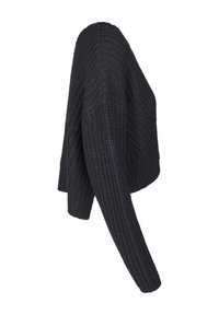 Pull noir tricoté avec un motif texturé, design court, manches longues et col côtelé. Vue latérale mettant en valeur sa forme décontractée.