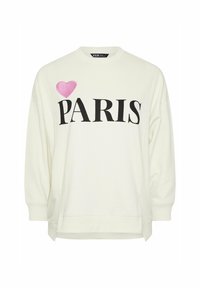 Sudadera blanca con el texto negro "PARIS" y un detalle de corazón rosa en la parte superior izquierda. Cuenta con un cuello redondo y aberturas laterales en el dobladillo.