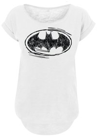 Valkoinen T-paita, jossa on musta Batman-logo. Lyhyet hihat, leveä kaula-aukko, sileä rakenne ja pyöristetty alahelma.