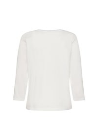 Weißes Langarmshirt mit Rundhalsausschnitt und glatter Textur, unifarbenes Rückenteil ohne sichtbare Muster oder Designs.