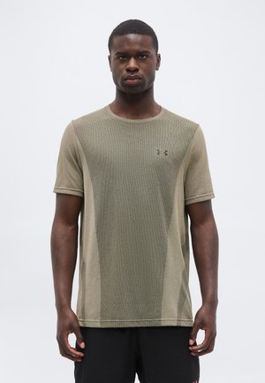 Under Armour, VANISH SEAMLESS SS - T-shirt print - timberwolf taupe/ultimate black