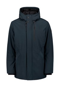 Dark blue waterproof jacket with a detachable hood, zippered pockets, and adjustable drawstrings. Smooth fabric and lightweight design.
