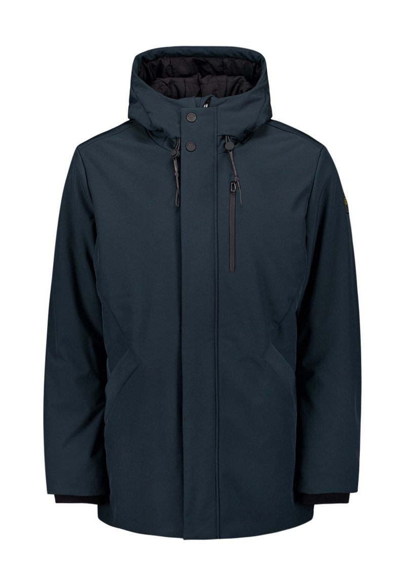 Dark blue waterproof jacket with a detachable hood, zippered pockets, and adjustable drawstrings. Smooth fabric and lightweight design.