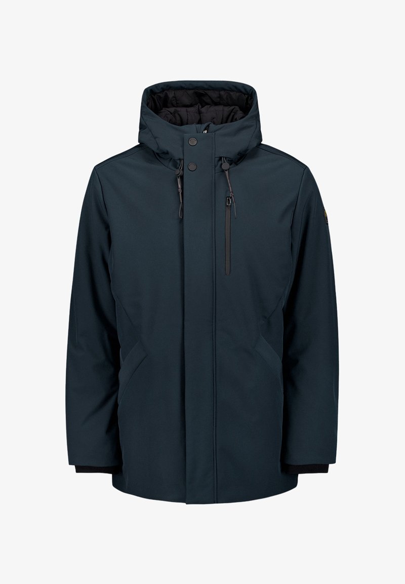 Dark blue waterproof jacket with a detachable hood, zippered pockets, and adjustable drawstrings. Smooth fabric and lightweight design.