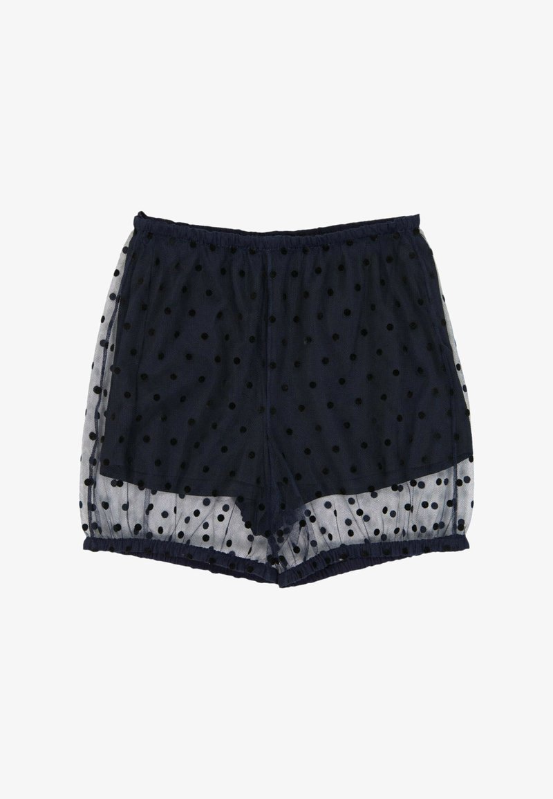 Shorts noirs transparents avec une taille élastique, décorés de pois noirs et une doublure intérieure unie.